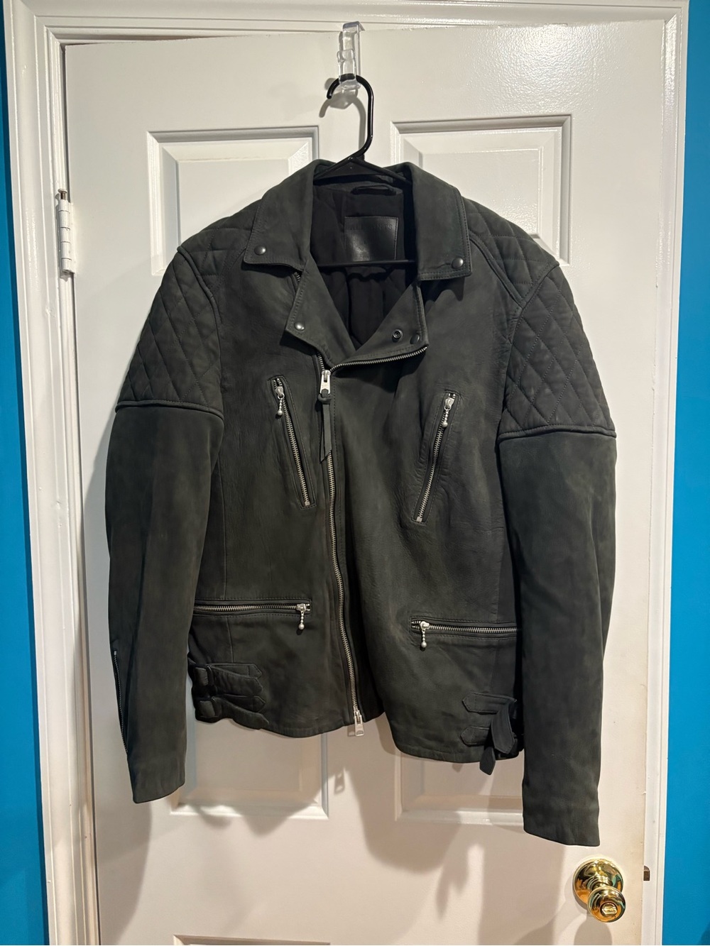 AllSaints Kenji Biker Suede Jacket men’s charcoal gray sz L grunge